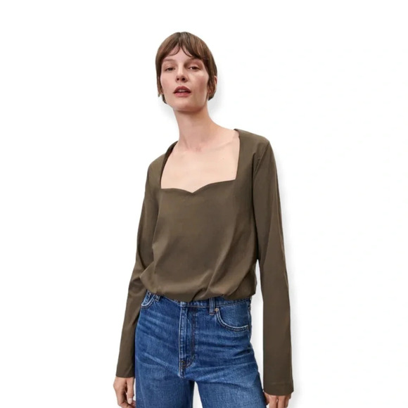 Zara Army Green Sweetheart Neckline Long Sleeve Crop Top Size Medium - Picture 8 of 12
